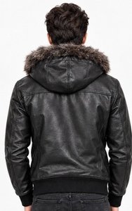 Champ King Men's black Leather <b>Jacket</b> With Faux <b>Fur</b> black <b>hood</b> Collar Zipper Closure - Product Image 3