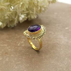 Vintage Amethyst <b>Statement</b> <b>Ring</b> 14K Gold Plated Brass Filigree Scalloped Boho Ethnic Unisex Jewelry - Product Image 4