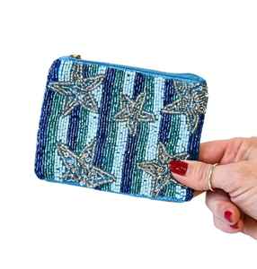 Starfish Beaded Coin Purse Blue Stripe Glass Bead Pouch Handmade Zipper <b>Wallet</b> Ocean Theme Small Cosmetic Bag Card Money Holder - Product Image 1