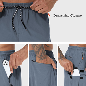 Shorts cargo gris pour homme, séchage rapide, longueur genou, taille élastique avec cordon de serrage, pantalon décontracté d'été - Product Image 6