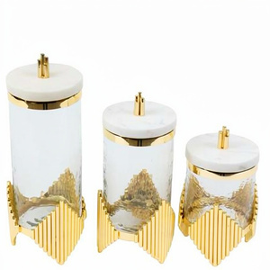 Most Popular Canister Storage Jar Candy <b>Snack</b> Metal Stainless Steel Marble Lid Glass Gold Plated Kitchen Ware - Product Image 1