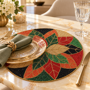 Multi Color Botanical Leaf Glass Beaded <b>Round</b> Modern Handmade <b>Placemat</b> with Red Green <b>Gold</b> Design | Luxury Dining Decor - Product Image 3