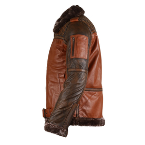 <b>Men's</b> Winter Genuine Leather Jacket With Faux Fur Lining Hooded Moto Biker Style Windproof Thick Regular Length - Product Image 3