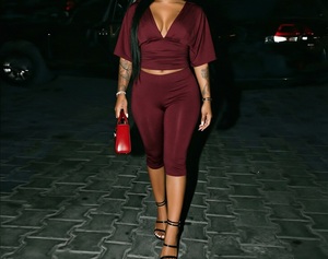 <b>Women</b> Burgundy V-Neck Ruched Crop Top With High Waist Mid-Calf Leggings Set <b>Sexy</b> Club Wear Seamless Knitted <b>Outfit</b> - Product Image 1