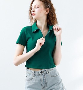 Polo vert à manches courtes pour femme, tricoté, couleur unie, avec fermeture éclair, coupe courte, style décontracté - Product Image 6