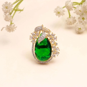Gold Plated Emerald Green <b>CZ</b> <b>Ring</b> Floral Peacock Statement <b>Ring</b> White <b>CZ</b> Pear Round Stone <b>Ring</b> Adjustable - Product Image 3