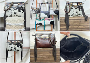 Nouveauté 2026 Sac à main à franges en cuir de vachette à poils occidentaux Sac à main à poignée supérieure en cuir véritable à carreaux Sac bandoulière pour femmes - Product Image 3