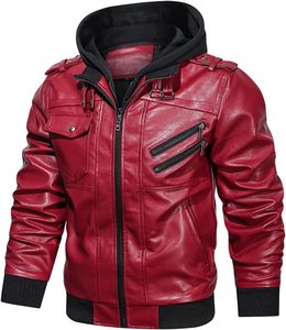 Men <b>Red</b> PU Leather Moto Biker <b>Jacket</b> Hooded Zipper Front Solid Color Autumn Slim Fit Regular Sleeve - Product Image 4