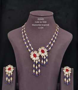 Ensemble collier et boucles d'oreilles fleur bleu rose 12432, collier floral long ton Carat pour femme, bijoux pour mariage et soirée - Product Image 4