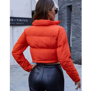 Orange Puffer <b>Jacket</b> Stand Collar Zipper Closure Quilted Windproof Winter Coat <b>Short</b> <b>Sleeve</b> Casual Style Solid Color - Product Image 3