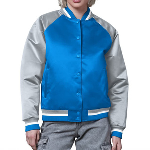 <b>Women's</b> Varsity <b>Jacket</b> <b>Navy</b> Gray Full Sleeve Button Up Contrast Color Solid Pattern Polyester Woven Autumn Style - Product Image 3