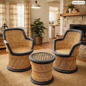 Ensemble de chaises de jardin en bambou pour salon, 2 chaises, 1 table, meubles modernes d'intérieur/extérieur, finition naturelle durable, faits à la main - Product Image 1