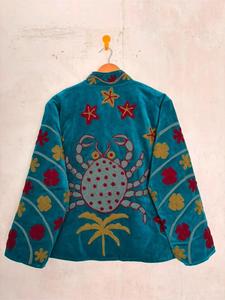 Luxury Turquoise <b>Velvet</b> Embroidered Suzani <b>Jacket</b> with Crab Pattern Full Sleeve Stand Collar Handmade Boho Winter Coat - Product Image 5