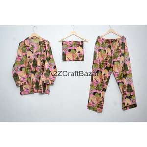 Conjunto de Pijama de 2 Piezas para Mujer, Hecho a Mano, de Lujo, Vintage, Romántico, Clásico, Floral, Otoñal, 100% Algodón, Cintura Elástica, Suave - Product Image 1