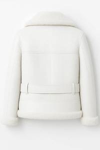 Men's <b>White</b> PU Leather Moto <b>Jacket</b> With Faux Fur Lining Zipper Closure Windproof Winter Wear Slim Fit Regular Length - Product Image 4