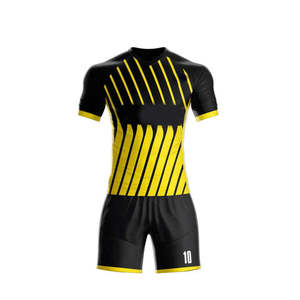 Conjunto de Camiseta de Fútbol Sublimada Personalizada con Cuello en V para Hombre, Rayas Negras y Amarillas, 100% Poliéster, Absorbe la Humedad, Ajuste Atlético, Manga Corta - Product Image 5