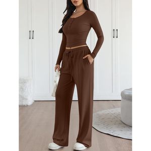 Mode automne 2025, ensemble de salon personnalisé pour femme, 2 pièces, haut court Henley et pantalon large, longueur au-dessus du genou - Product Image 6