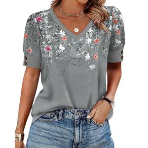 T-shirt gris à col en V, imprimé floral, manches courtes, poignets boutonnés, coupe ample, ourlet asymétrique, haut d'été - Product Image 2