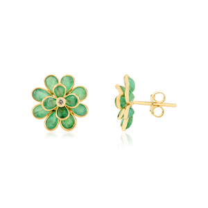 Boucles d'oreilles en forme de fleur éclose en émeraude et diamant 100% naturels, pierres précieuses, pour femme, en or jaune véritable 18 carats - Product Image 3