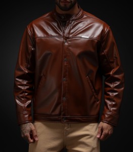 Veste en cuir véritable marron pour homme, col montant classique, boutonnée, décontractée, pour l'hiver, de qualité supérieure, élégante et tendance - Product Image 1