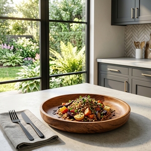 Ensemble d'ustensiles de cuisine en bois de teck massif de qualité alimentaire, bol rond en bois artisanal, bassin peu profond artisanal balinais, plateau à salade - Product Image 3