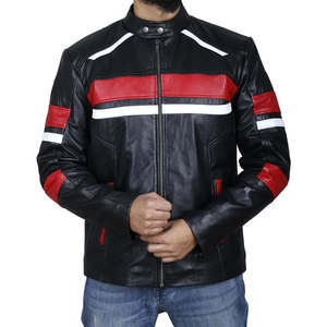 Men's OEM/ODM Service Black Red White Color Block Genuine <b>Leather</b> <b>Jacket</b> With Zipper Closure Stand Collar Regular Fit - Product Image 1