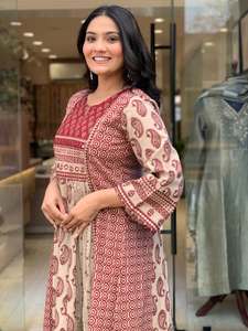 Red Panel Print Pure Cotton Round Neck Women Salwar Kameez Set 3/4th Sleeve <b>Kurti</b> & Pant with Dupatta for Party Wedding - Product Image 6