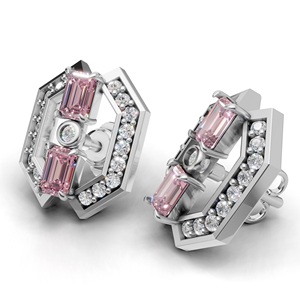 Boucles d'oreilles clous géométriques hexagonales en or 18 carats avec diamant rose taille émeraude cultivé en laboratoire certifié IGI - Product Image 2