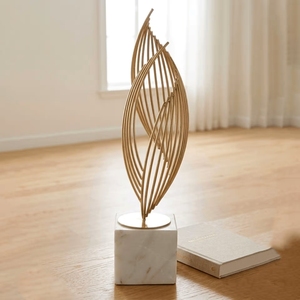 Modern Luxury Abstract Flame Metal Sculpture with Heavy White Marble Block Base for Living Room Coffee <b>Table</b> and <b>Console</b> Decor - Product Image 1