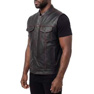 Men's <b>Black</b> Faux Leather Moto <b>Vest</b> Stand Collar Pullover Closure Plus Size Regular Fit Solid Color Outerwear - Product Image 2