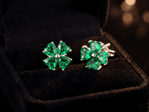 Lab Grown <b>Emerald</b> 14K White Gold Four Leaf Clover Flower <b>Stud</b> Earrings Women Bridal Fine Jewelry - Product Image 2