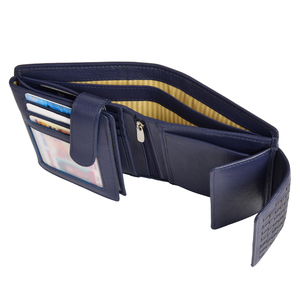 Portefeuille long en cuir pour femme, pochette multi-cartes, fenêtre d'identification, poche zippée, organisateur d'argent, fermeture à bouton pliable, bleu marine - Product Image 4