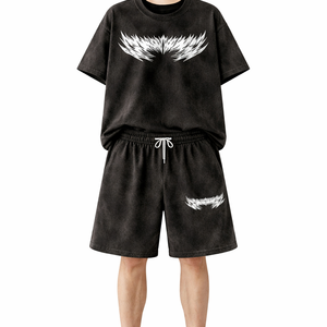 Ensemble coordonné streetwear personnalisé en molleton épais French Terry, t-shirt et short oversize, imprimé délavé effet soleil - Product Image 1