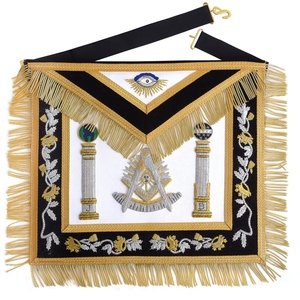 Tablier de Maître Ancien de la Loge Bleue - Broderie à la main noire et or avec motifs de piliers - Product Image 1