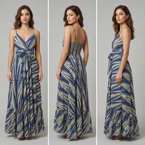 Robe longue décontractée pour femme, style bohème, imprimé floral, en mélange de coton tissé, col en V, bretelles spaghetti, coupe droite, taille élastique, ourlet à volants - Product Image 1
