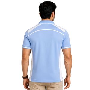 เสื้อโปโลชายสีเหลืองพรีเมียมและสีน้ำเงินกรมท่า พร้อมแถบไหล่ตัดสีและรายละเอียดแผงด้านข้าง ปักโลโก้ตามสั่งสำหรับกอล์ฟ - Product Image 2