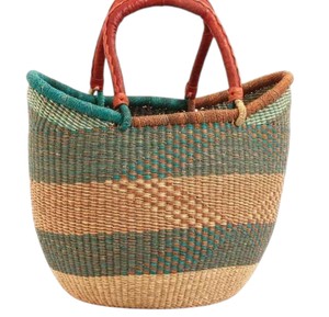 Bolso Tote de Seagrass Hecho a Mano con Asa de Cuero Marrón, Diseño Cola de Golondrina, Rayas Verdes, Bolso de Playa de Paja Natural, Proveedor Mayorista - Product Image 4