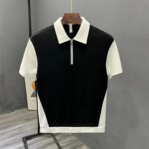 Chemise décontractée pour homme en molleton 100 % coton écologique noir à manches courtes, col contrastant, fermeture éclair sur le devant, coupe classique, idéale pour l'été - Product Image 1