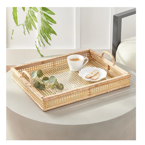 Plateau de service rectangulaire en rotin de qualité supérieure, tressé à la main, avec poignées en bois, écologique, pour cuisine, thé, café, plateaux décoratifs - Product Image 1