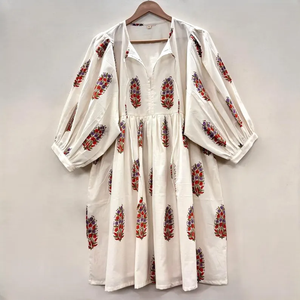 Robe formelle vintage en coton écologique, imprimée à la main, col en V, manches 3/4, ourlet à volants en dentelle, lavable, motif floral - Product Image 1