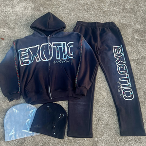 Conjunto de Sudadera con Capucha y Pantalones de Chándal para Hombre, de Algodón Personalizado con Pedrería, Lavado Ácido, Estampado Serigrafiado y Efecto Desgastado por el Sol, con Cremallera - Product Image 3