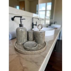 Marble Bathroom Set Four-Piece Round Minimalist Soap Dispenser <b>Toothbrush</b> <b>Holder</b> Tray Easy To Clean - Product Image 4