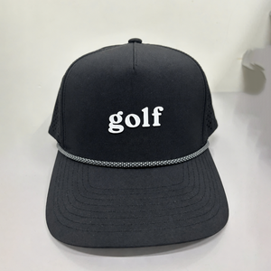 Trucker Hat Black Mesh 5-<b>Panel</b> Adjustable Unisex Casual <b>Decorative</b> Rope Raised Rubber Print Front Logo Perforated Hats - Product Image 1
