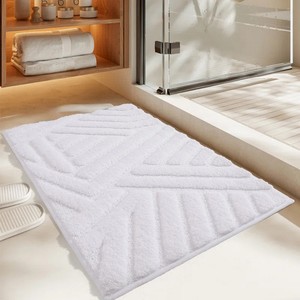 Tapis de bain rectangulaire en coton géométrique moderne 80x50cm, antidérapant avec dos en caoutchouc, épais et touffeté, blanc, pour salle de bain, lavabo et douche - Product Image 1