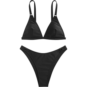 Conjunto de Bikini Negro Sólido, Traje de Baño Minimalista Atemporal, Diseño Recortado de Cintura Alta, Estilo Deportivo Chic para Mujer - Product Image 3