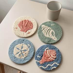 4pcs Seashell Punch <b>Needle</b> Coaster Set, Handcrafted Ocean Yarn Drink Mats - Product Image 1