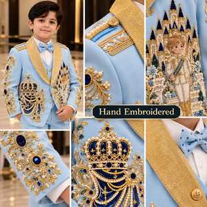Traje de Esmoquin para Niño, Bordado a Mano, Azul Rey con Perlas Doradas, Blazer con Cuentas, Diseño de Alta Costura, Ropa Formal para Niños, Traje de Tres Piezas para Bodas y Fiestas - Product Image 6