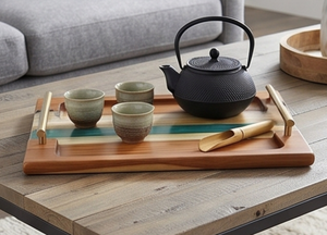 Plateau de service rectangulaire élégant en bois avec incrustation en résine et poignées en métal, finition polie, adapté au contact alimentaire - Product Image 6