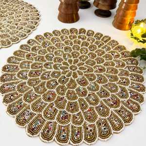 Handmade Glass Beaded Rectangle Tablemat with Floral <b>Mosaic</b> Pattern Gold and Multicolor Decor - Product Image 1