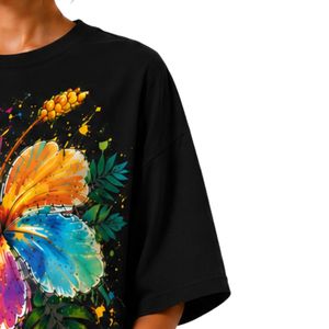 เสื้อยืดโอเวอร์ไซส์สีดำสำหรับผู้หญิง พิมพ์ลายดอกชบาสีสันสดใส เสื้อยืดลำลองผ้าฝ้ายสำหรับฤดูร้อน รับผลิตแบบ OEM ODM ขายส่ง - Product Image 4